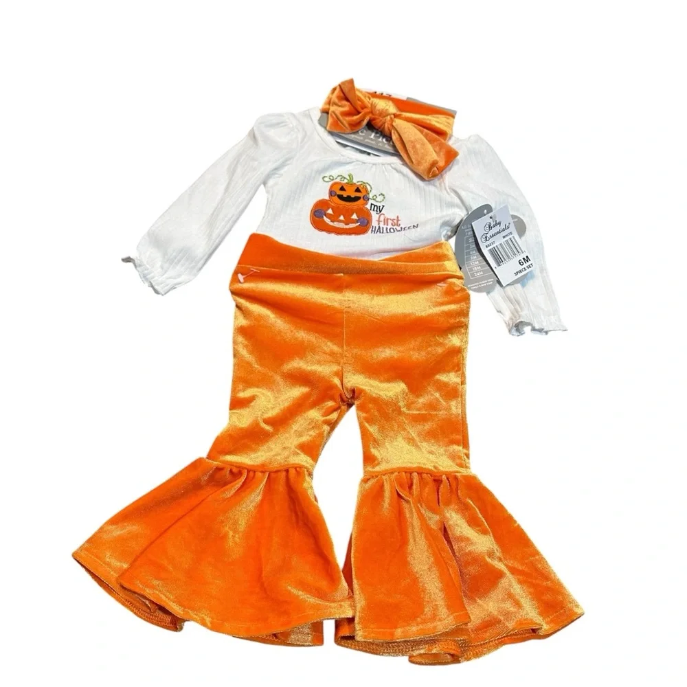 My First Halloween Pumpkin Costume Set - Orange velvety flare pants size 6 month